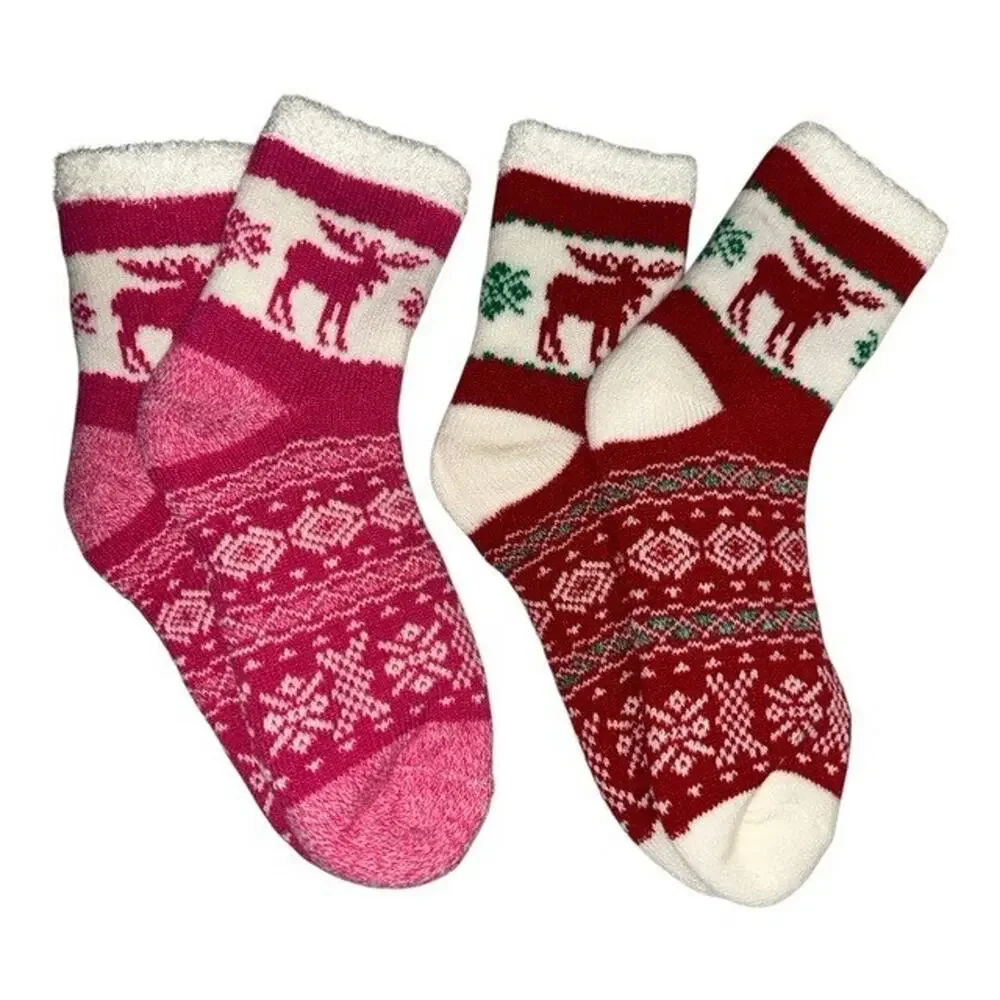 2 Pairs Magellan Outdoors Lodge Crew Socks Red Pink Snow Moose Aloe Infused 6-10